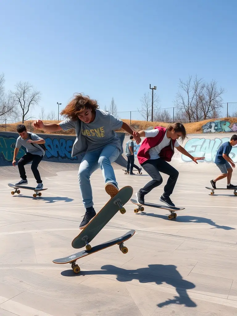 A photograph capturing a diverse group of teenagers participating in an advanced skateboarding workshop at a local skatepark, showcasing complex tricks and maneuvers.