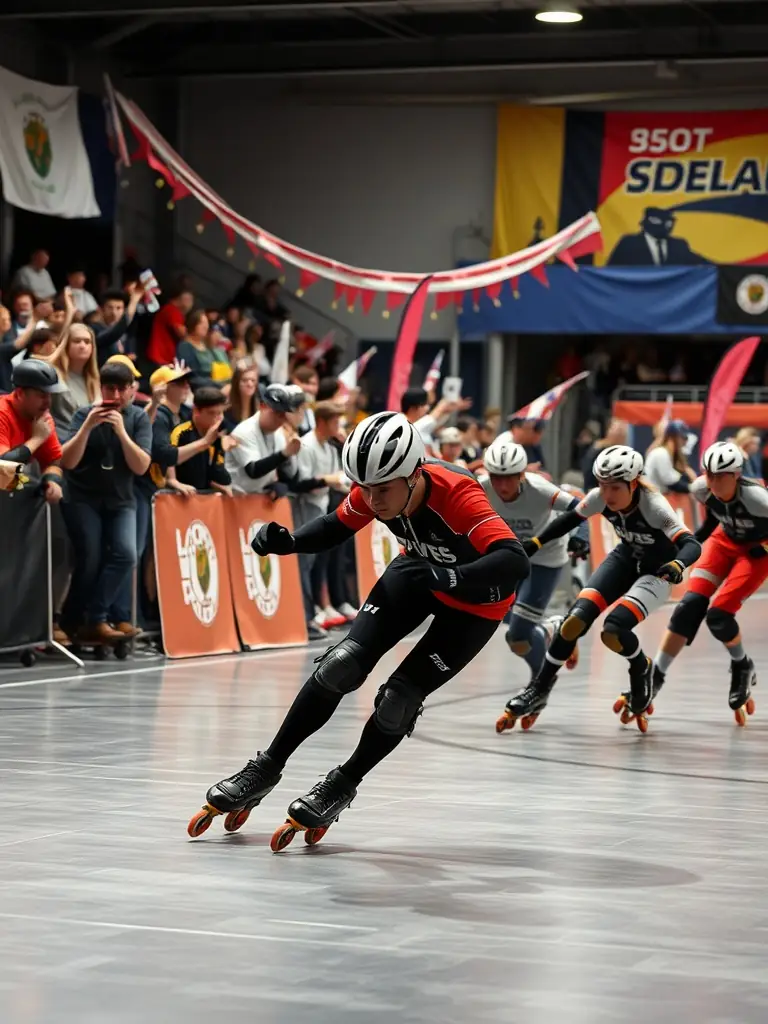 An image of a local roller derby team in action during a competitive match, highlighting the speed, agility, and teamwork involved in the sport.