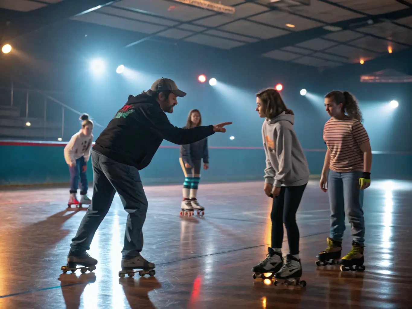 A roller skating instructor demonstrating proper form and technique to a class of adult learners in a gymnasium.