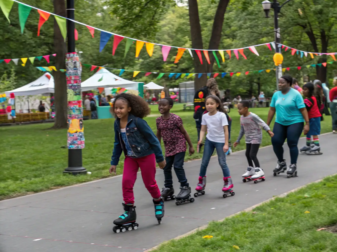 A diverse group of individuals participating in a roller skating event organized by COMITE DEPARTEMENTAL DE LA CHARENTE-MARITIME DE ROLLER ET SKATEBOARD, highlighting the organization's commitment to promoting inclusion and accessibility in sports.