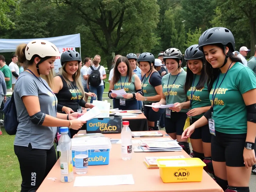Volunteers assisting with a community roller skating event organized by COMITE DEPARTEMENTAL DE LA CHARENTE-MARITIME DE ROLLER ET SKATEBOARD, demonstrating the organization's reliance on community support and volunteerism.