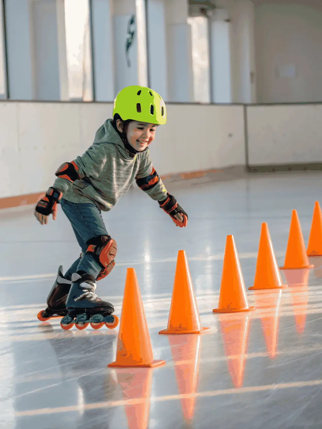 A dynamic image of a group of children learning basic roller skating skills in a safe, indoor environment, guided by a certified instructor.